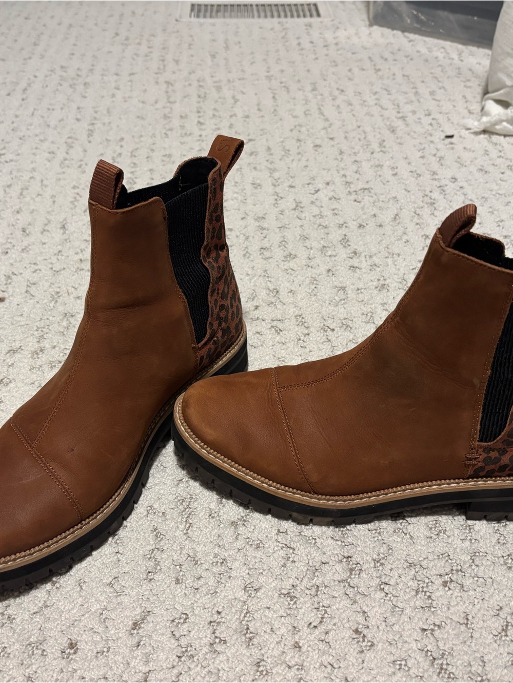 Toms Brown Leather Chelsea Booties with Leopard Heel Panel